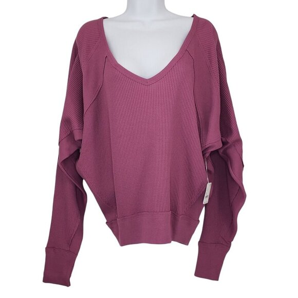 Free People Waffle Knit V-Neck Top Slouchy Oversized Beachy Boho Mulberry NWT - Picture 1 of 9